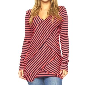 Long Sleeve Navy and Coral Striped Blouse